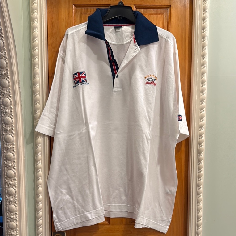 White and Navy Men's Polo Shirt with Embroidered Details by Paul Shark 🦈!